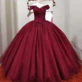 Hot Burgundy Ball Gown Sequin Wedding Dresses Lace Quince Dresses